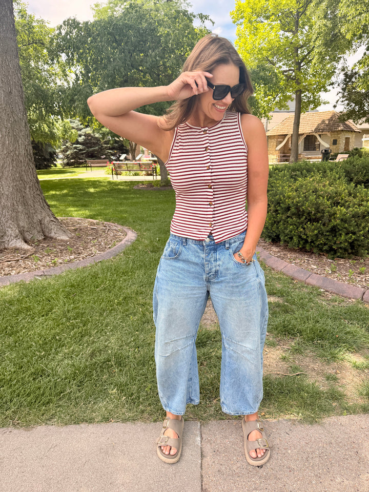 Red Striped Button-Front Knit Tank
