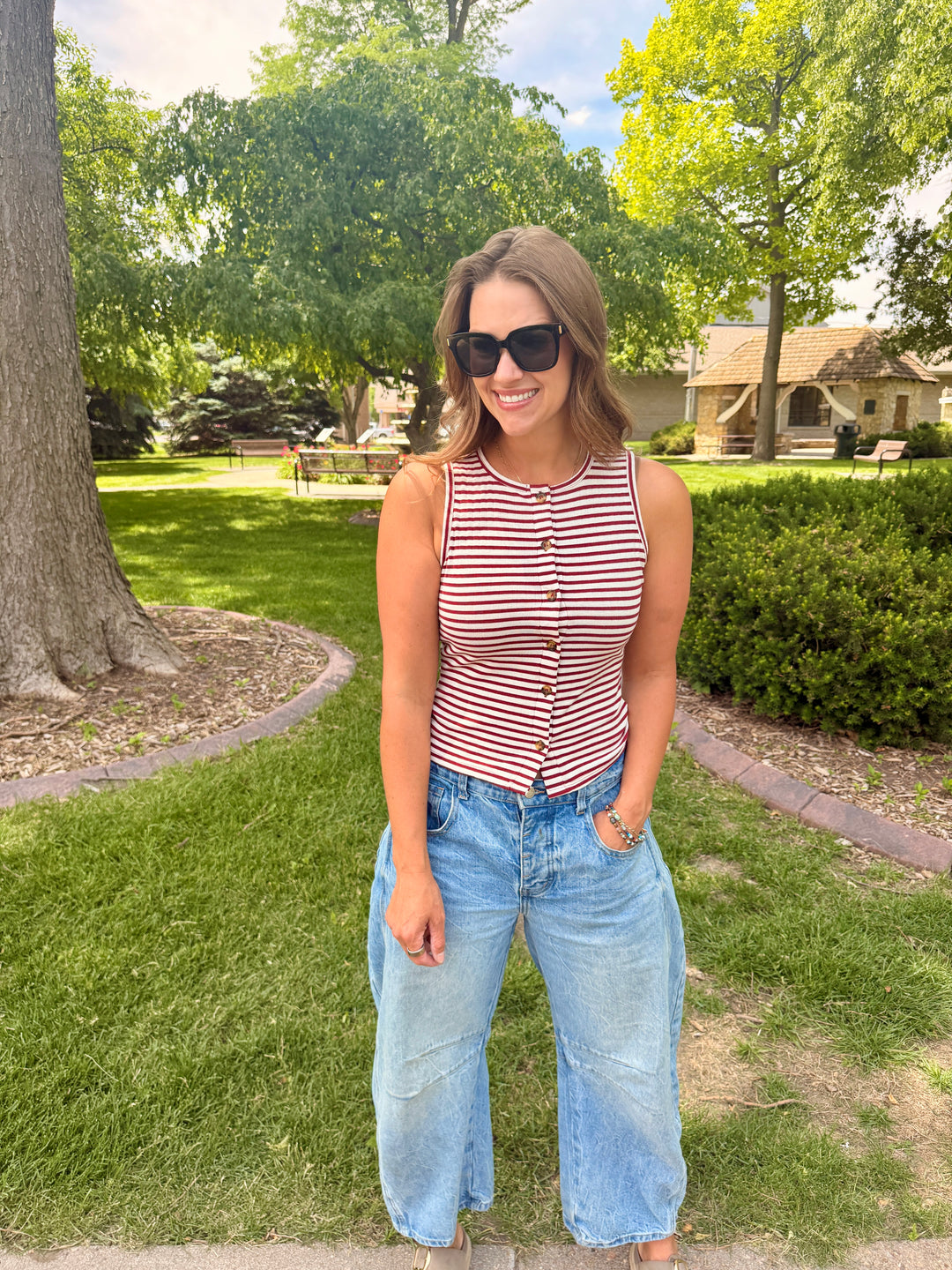 Red Striped Button-Front Knit Tank