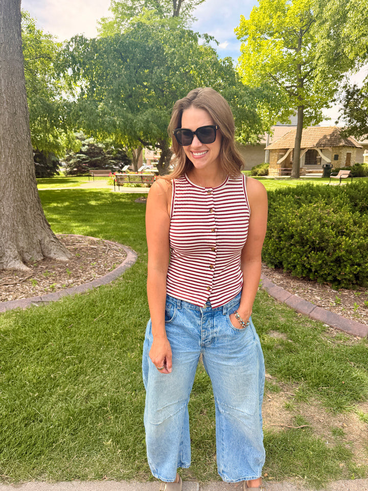 Red Striped Button-Front Knit Tank