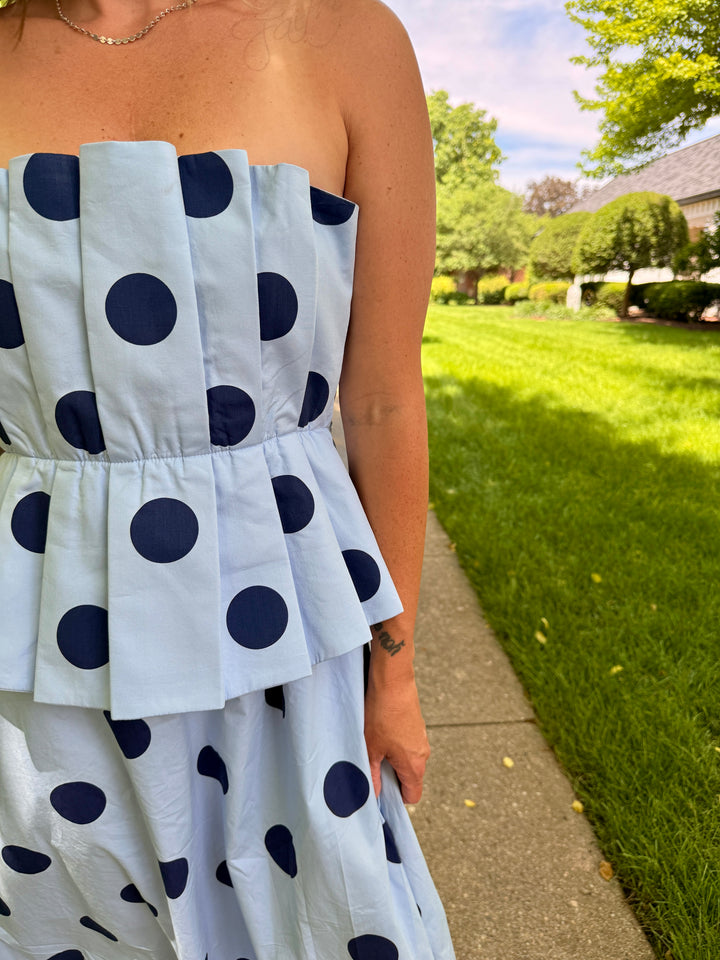 The Piper Polka Dot Strapless Midi Dress