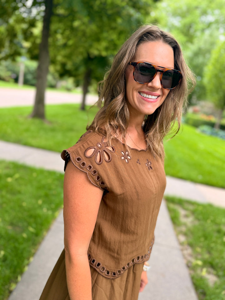 Floral Eyelet Detail Short Sleeve Blouse