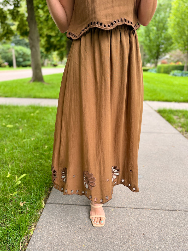Floral Eyelet Scalloped Hem Midi Skirt