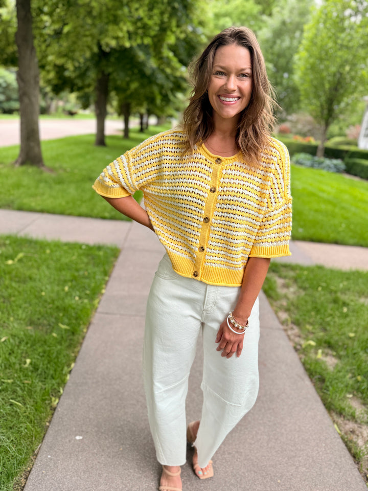 Stripe Short Sleeve Crochet Knit Cardigan – Butter Yellow