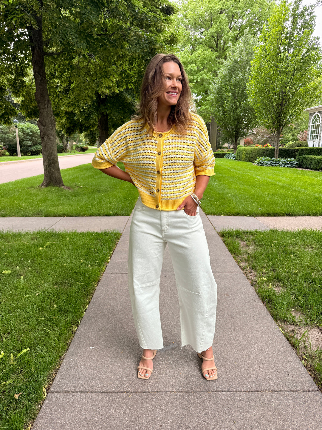 Stripe Short Sleeve Crochet Knit Cardigan – Butter Yellow