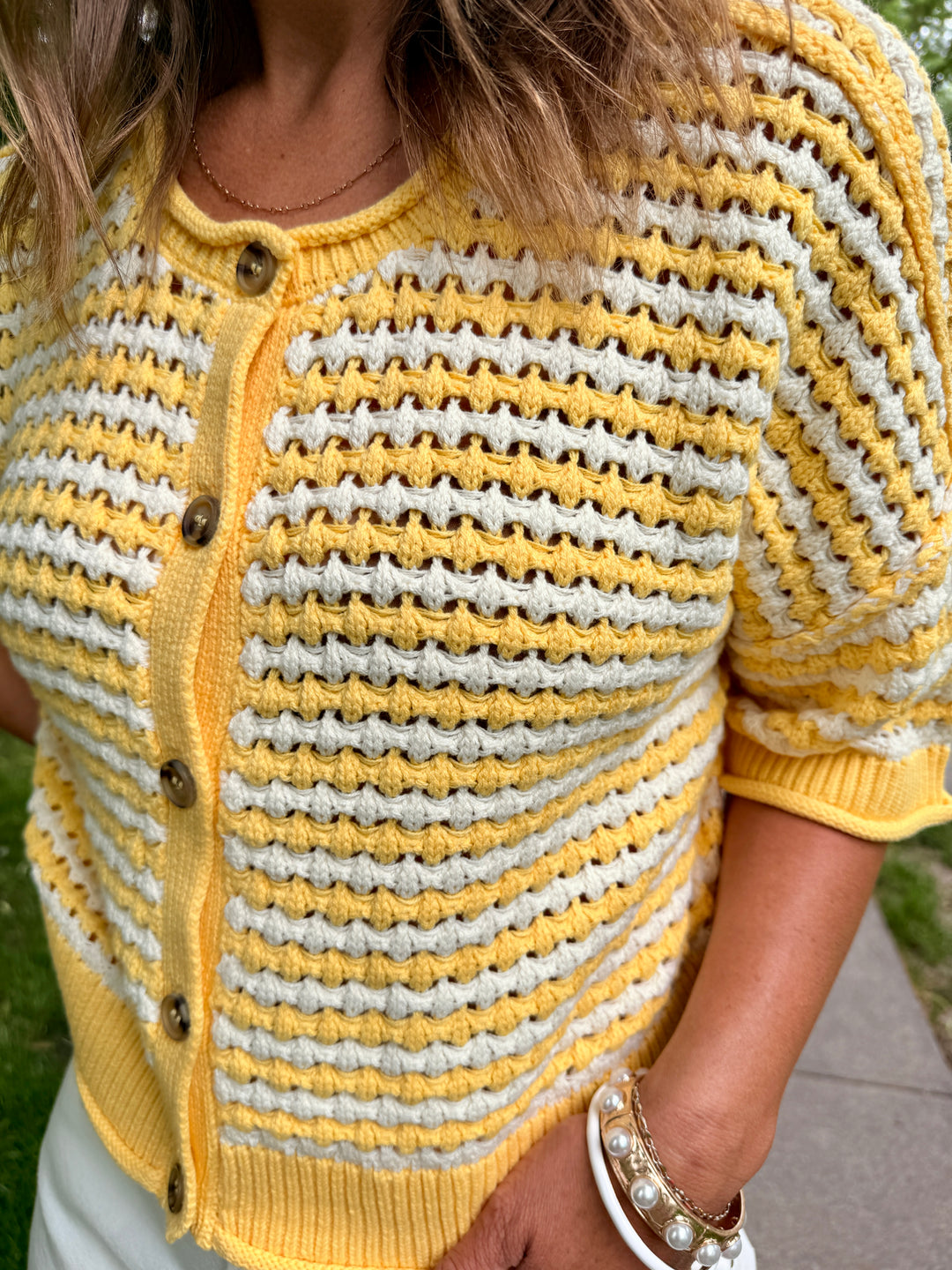 Stripe Short Sleeve Crochet Knit Cardigan – Butter Yellow