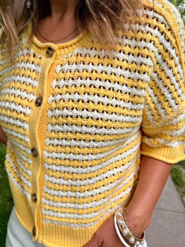 Stripe Short Sleeve Crochet Knit Cardigan – Butter Yellow