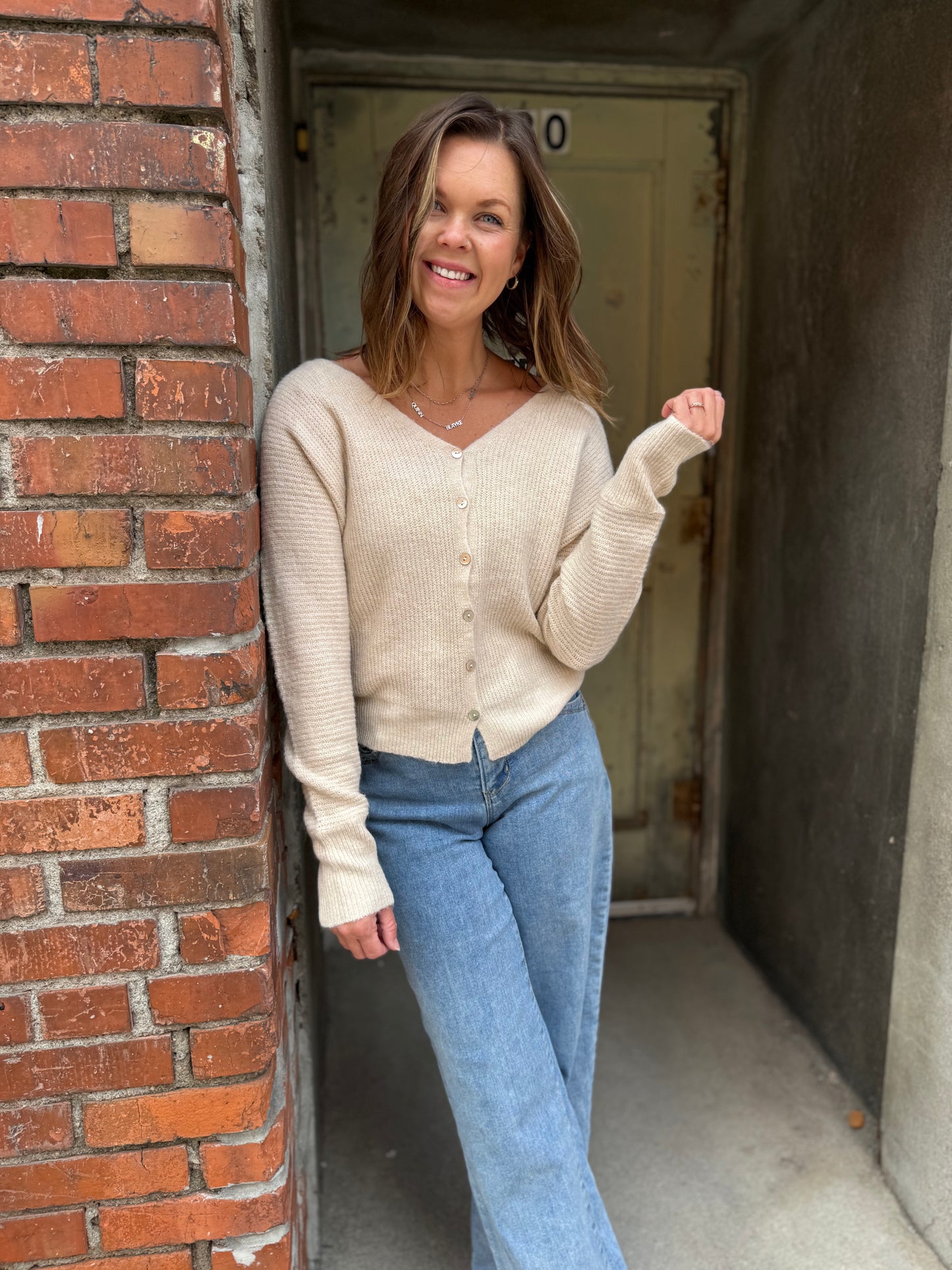 Oatmeal Double V-Neck Cardigan
