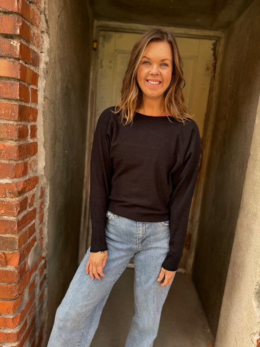 Black Wide Crew Neck Dolman Pullover