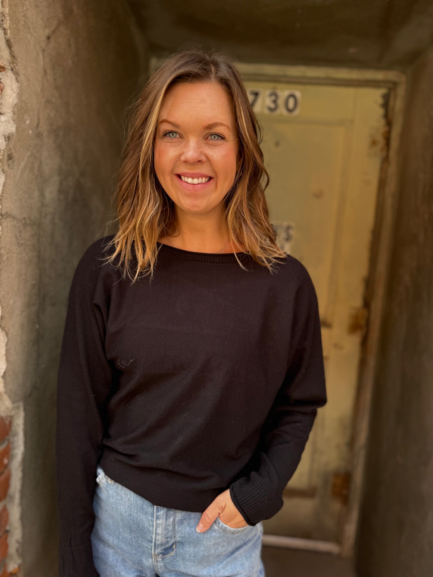 Black Wide Crew Neck Dolman Pullover