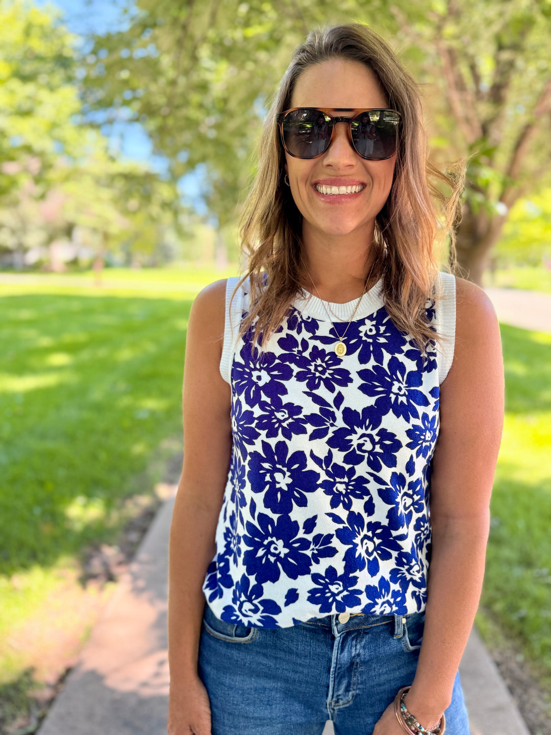 Blue Floral Crew Neck Sweater Tank