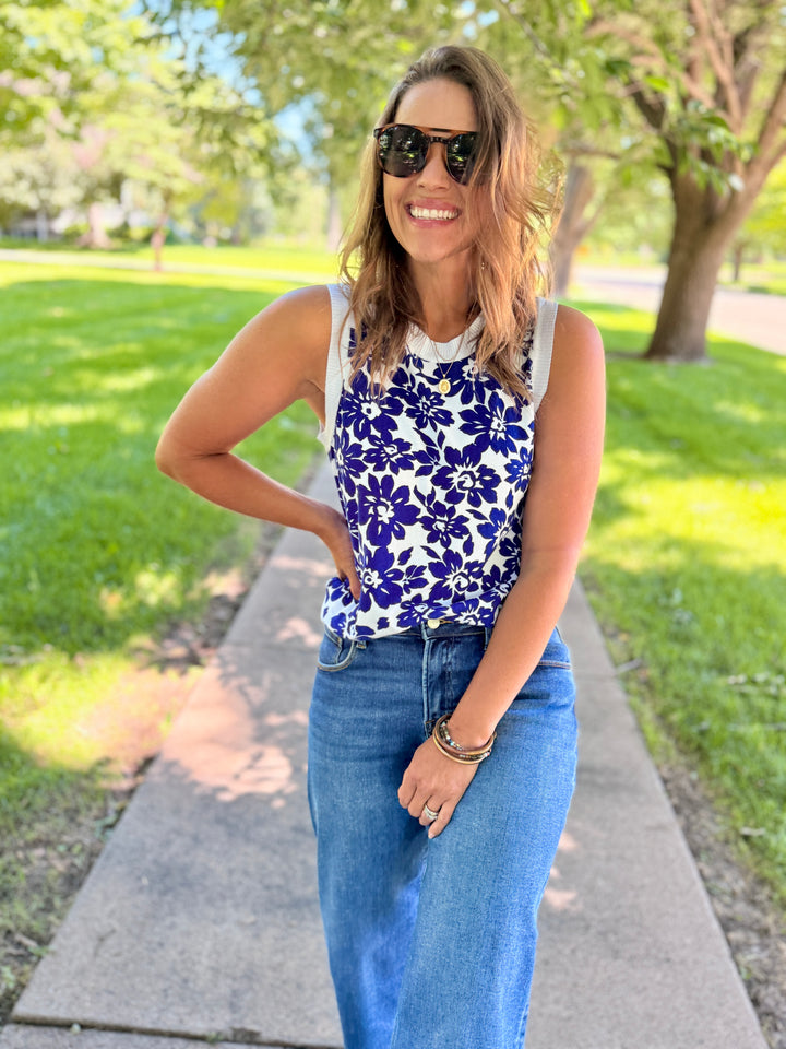 Blue Floral Crew Neck Sweater Tank