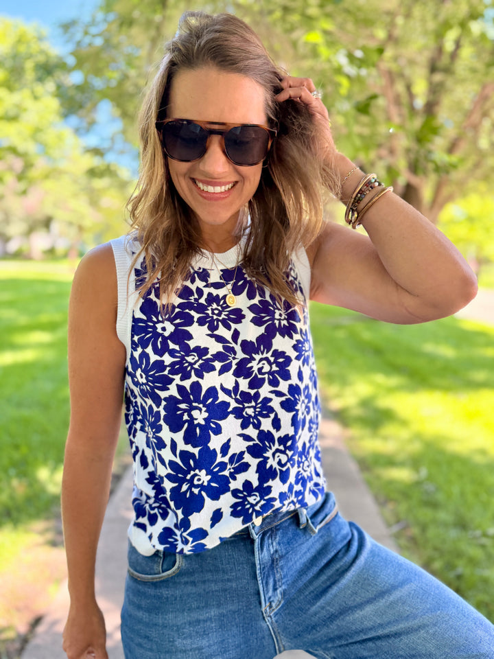 Blue Floral Crew Neck Sweater Tank