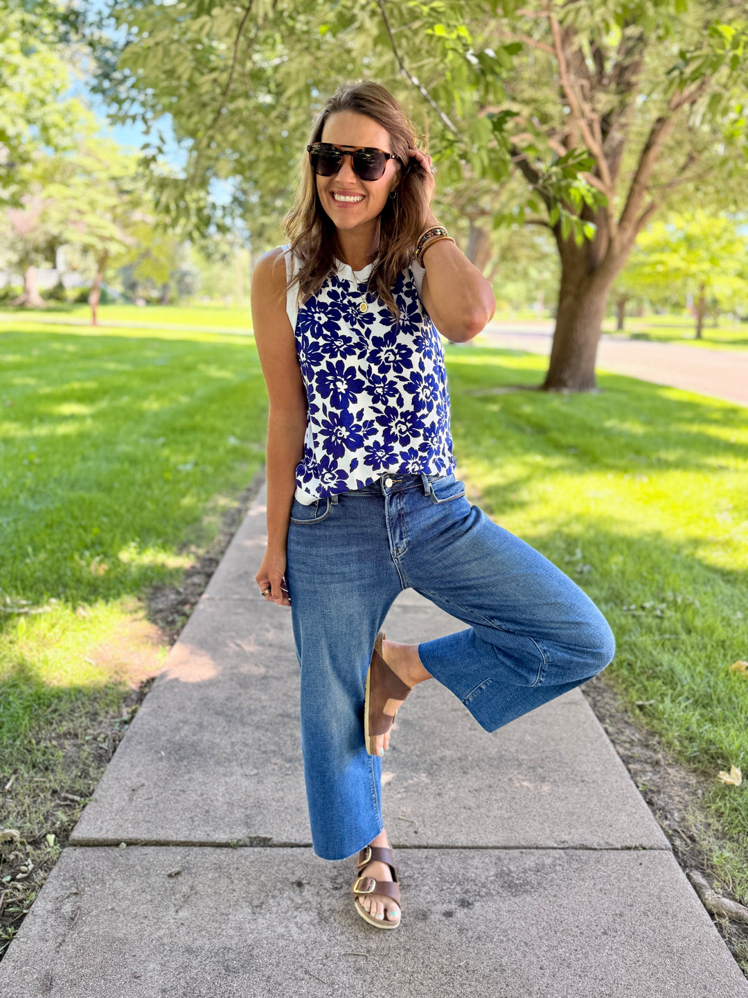 Blue Floral Crew Neck Sweater Tank