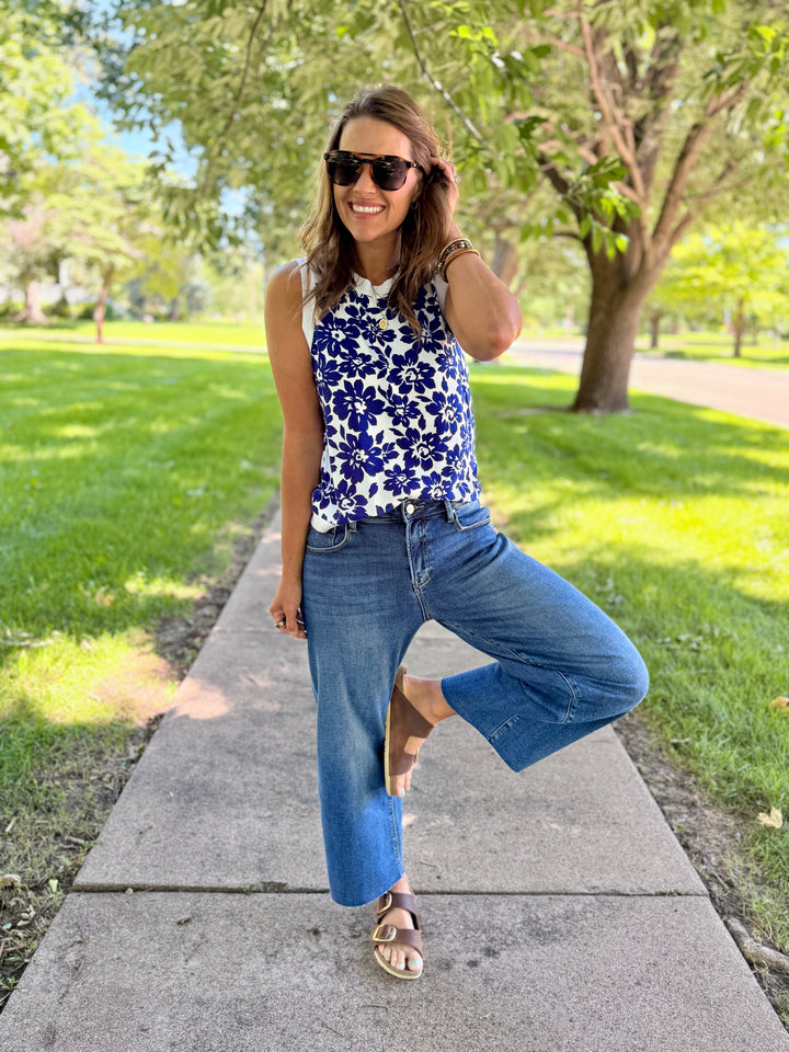 Blue Floral Crew Neck Sweater Tank