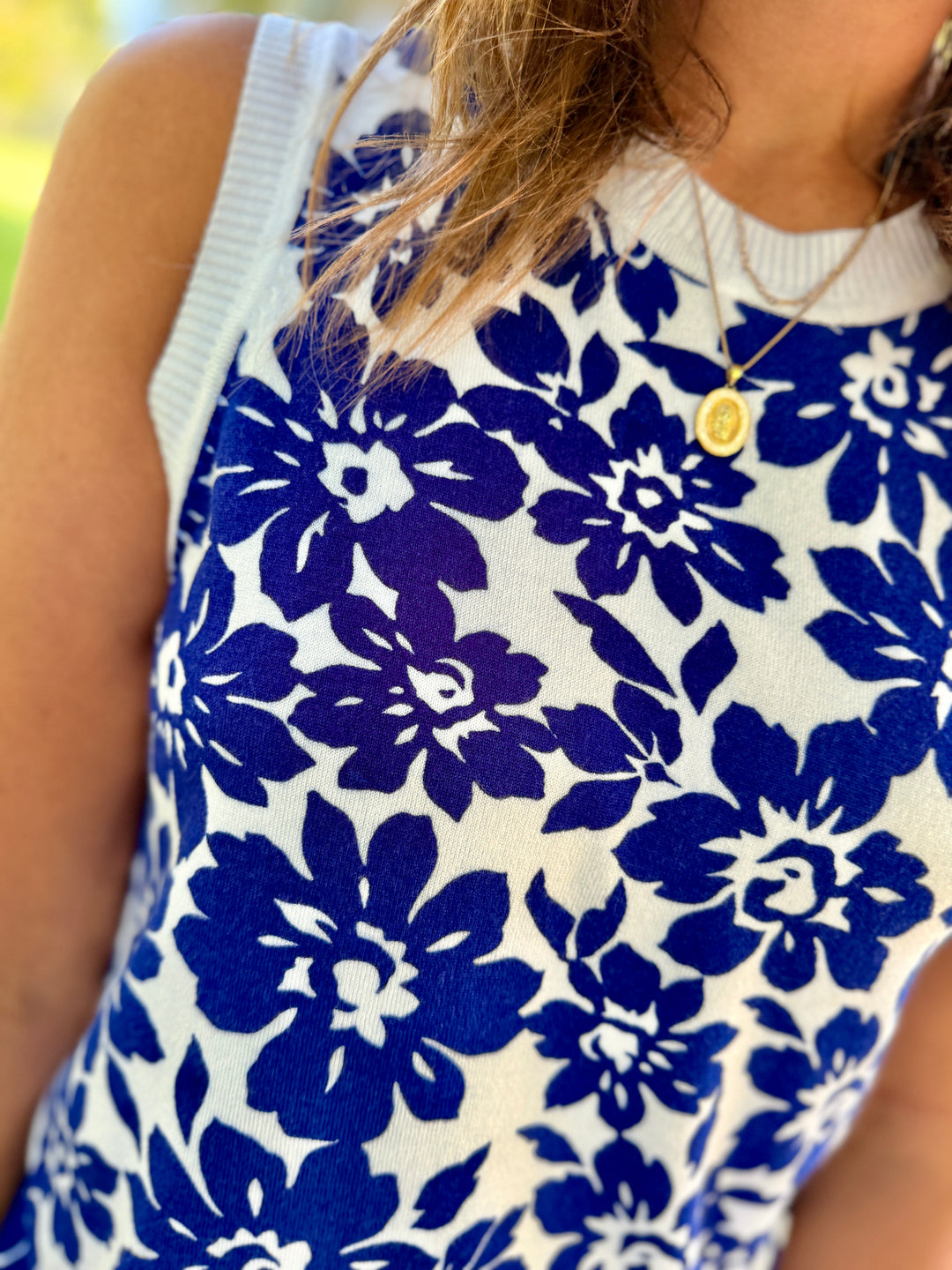 Blue Floral Crew Neck Sweater Tank