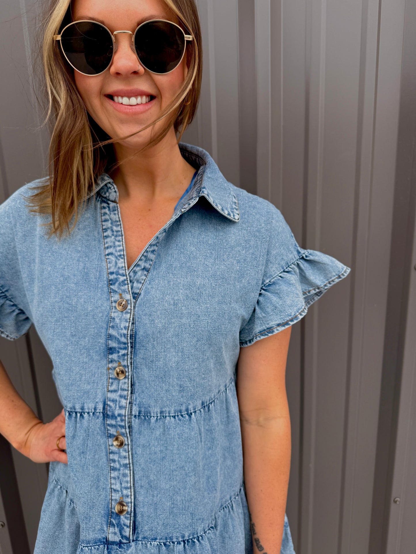Sierra Chambray Tiered Mini Dress