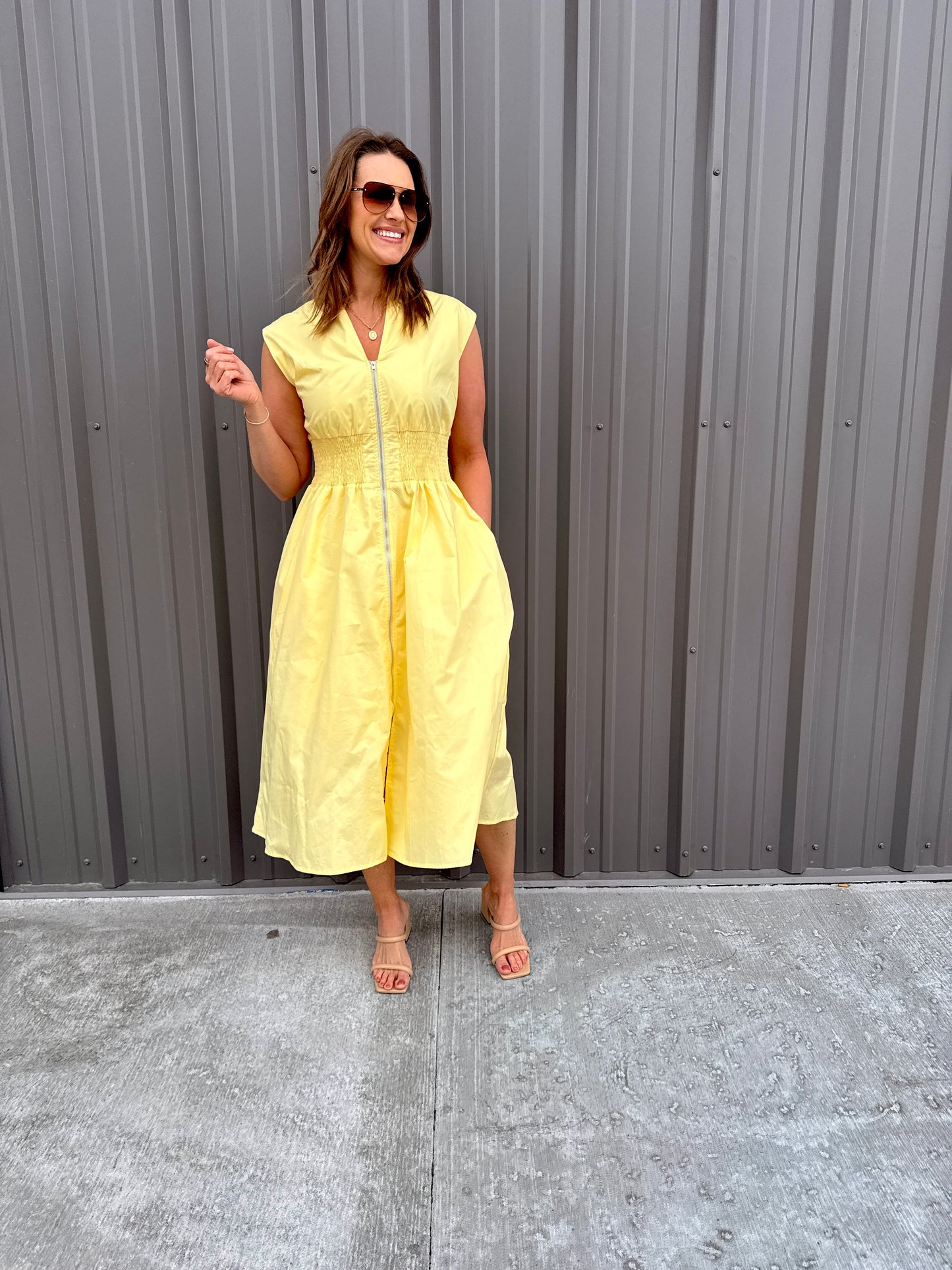 Sunny Radiance Zip Midi Dress