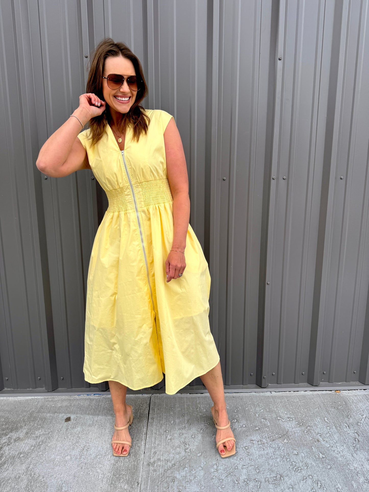 Sunny Radiance Zip Midi Dress