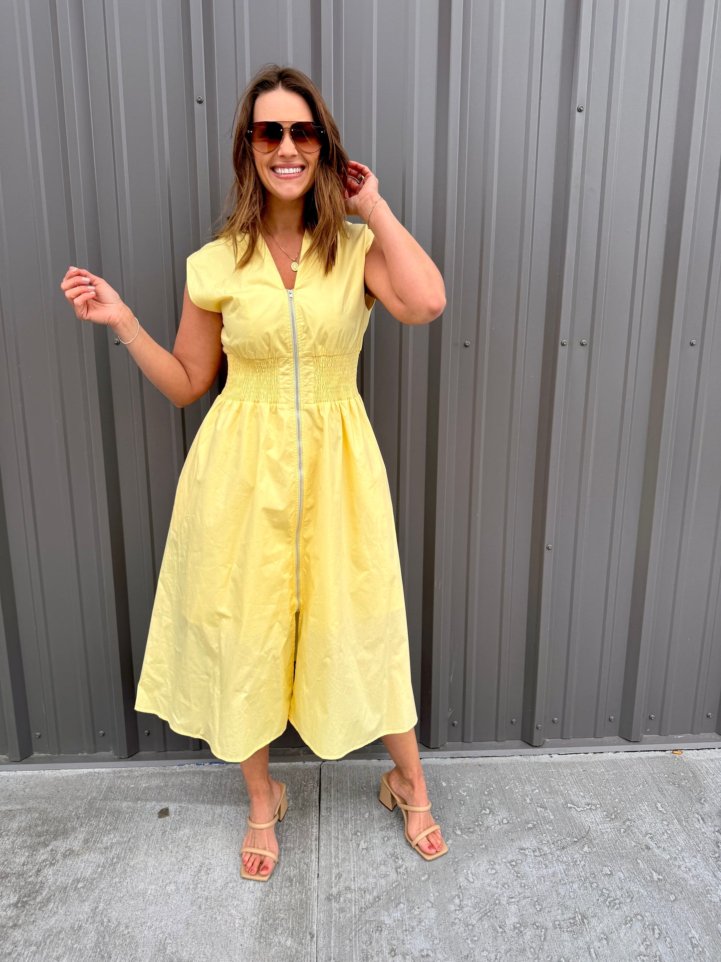 Sunny Radiance Zip Midi Dress