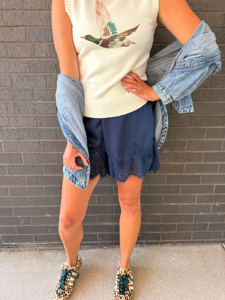 Satin Short With Lace Trim Detail Short
