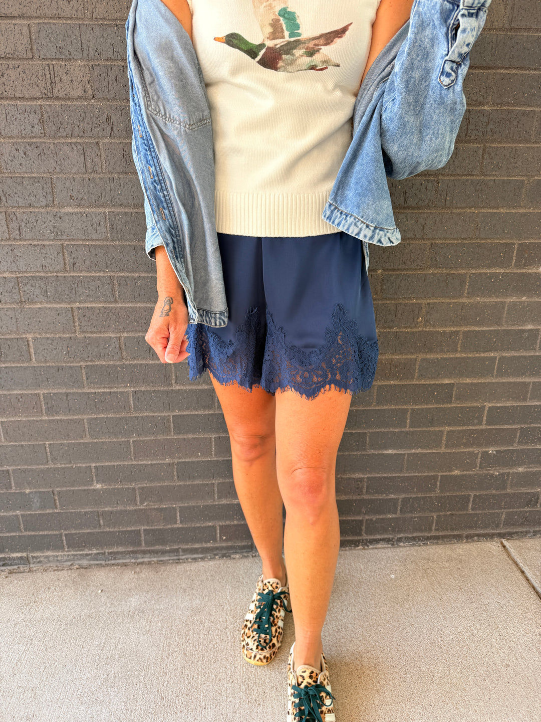 Satin Short With Lace Trim Detail Short