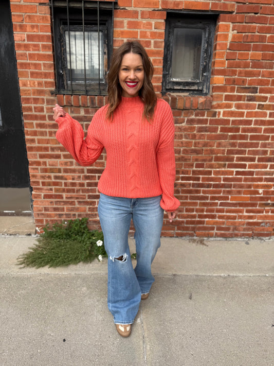 Coral Cable-Knit Charm Sweater