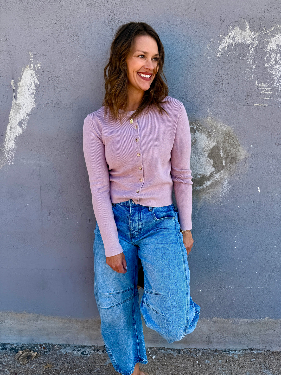 Essential Ribbed Crewneck Cardigan - Dusty Pink
