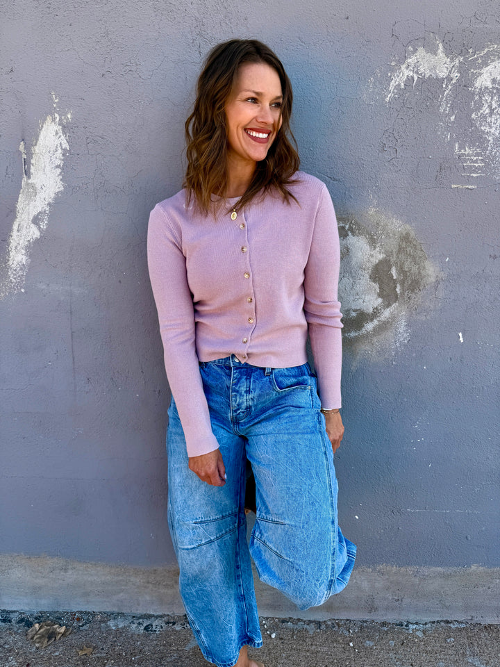 Essential Ribbed Crewneck Cardigan - Dusty Pink