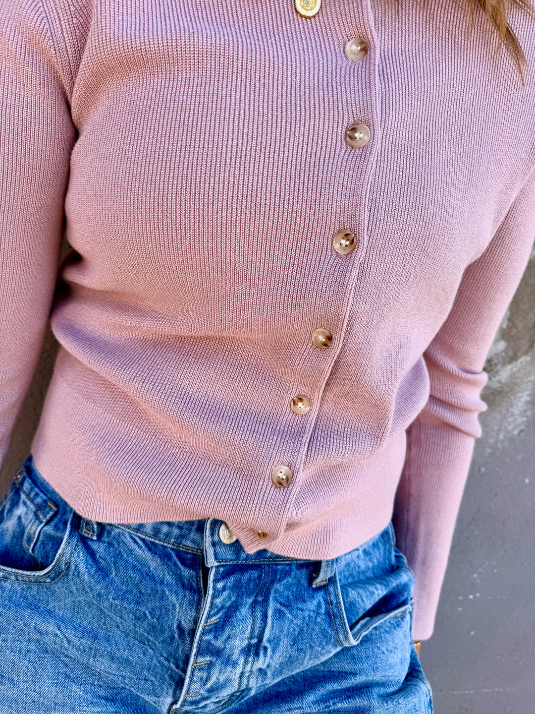 Essential Ribbed Crewneck Cardigan - Dusty Pink