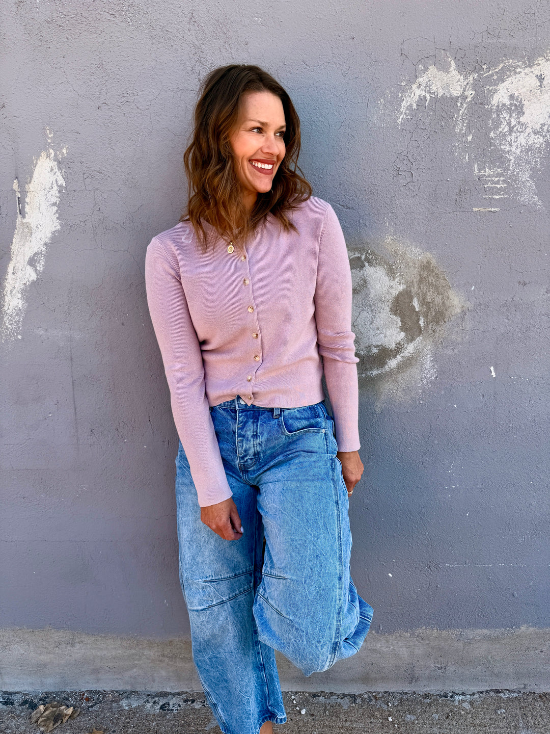 Essential Ribbed Crewneck Cardigan - Dusty Pink