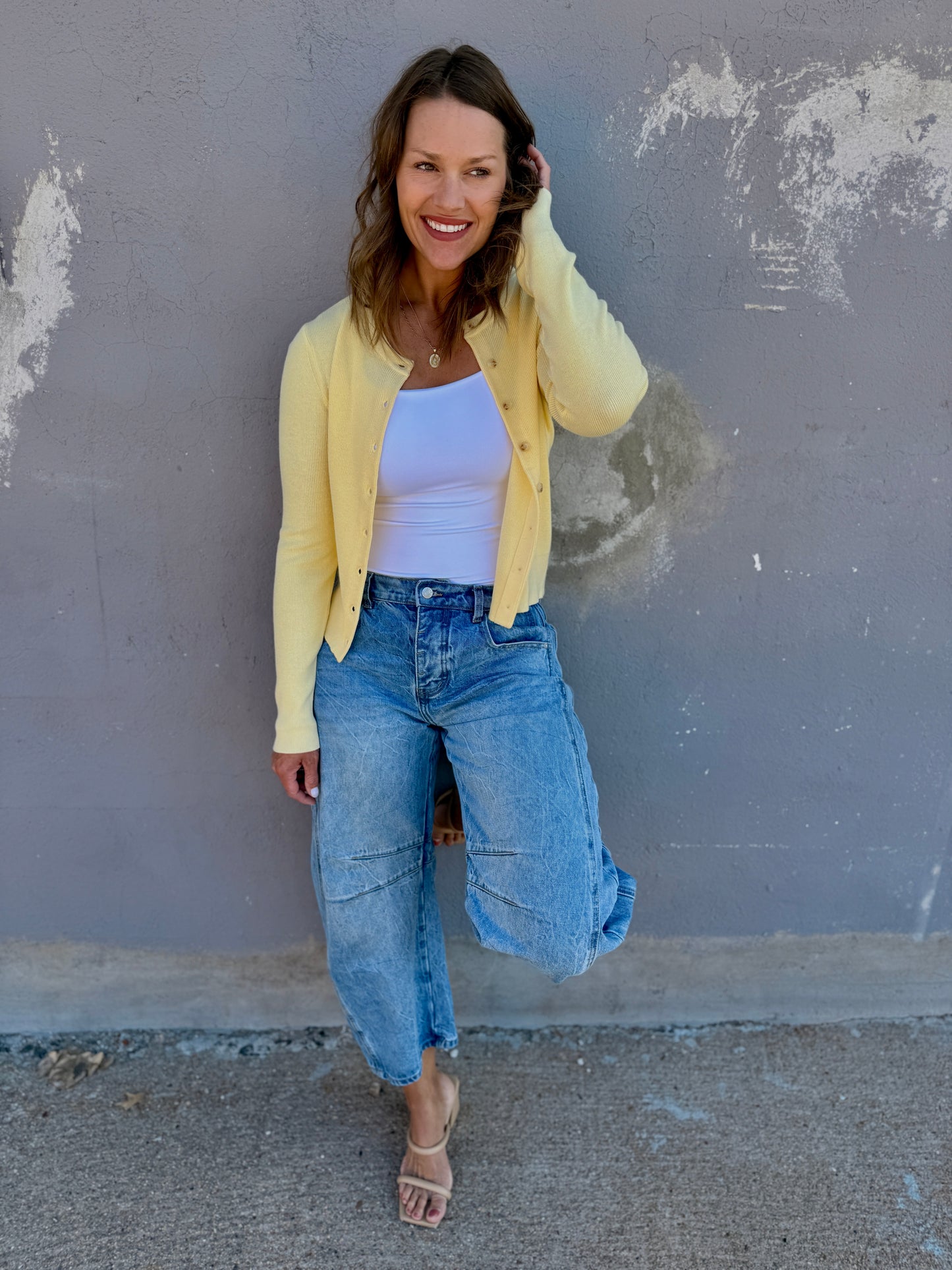 Essential Ribbed Crewneck Cardigan - Lemonade