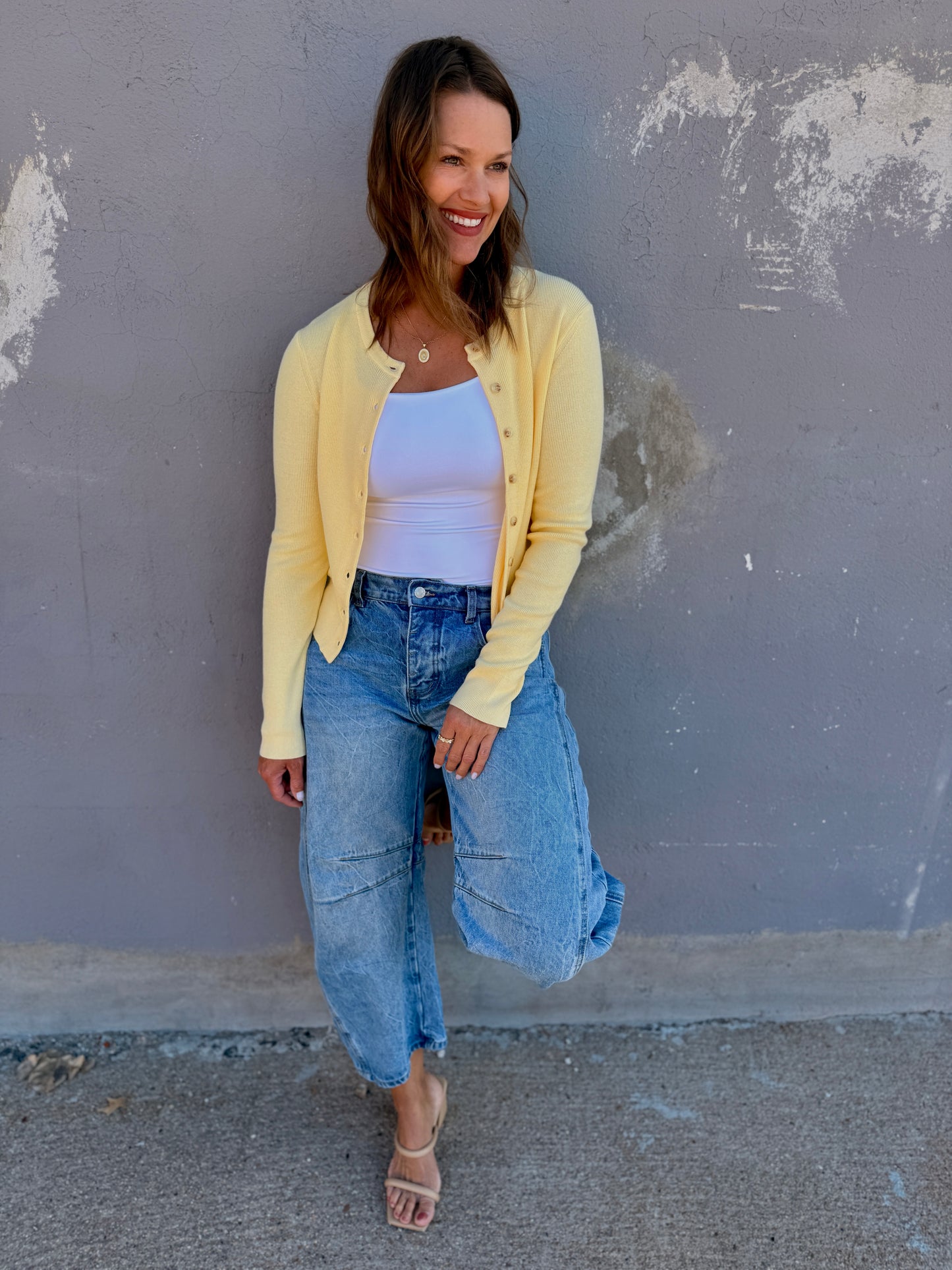 Essential Ribbed Crewneck Cardigan - Lemonade