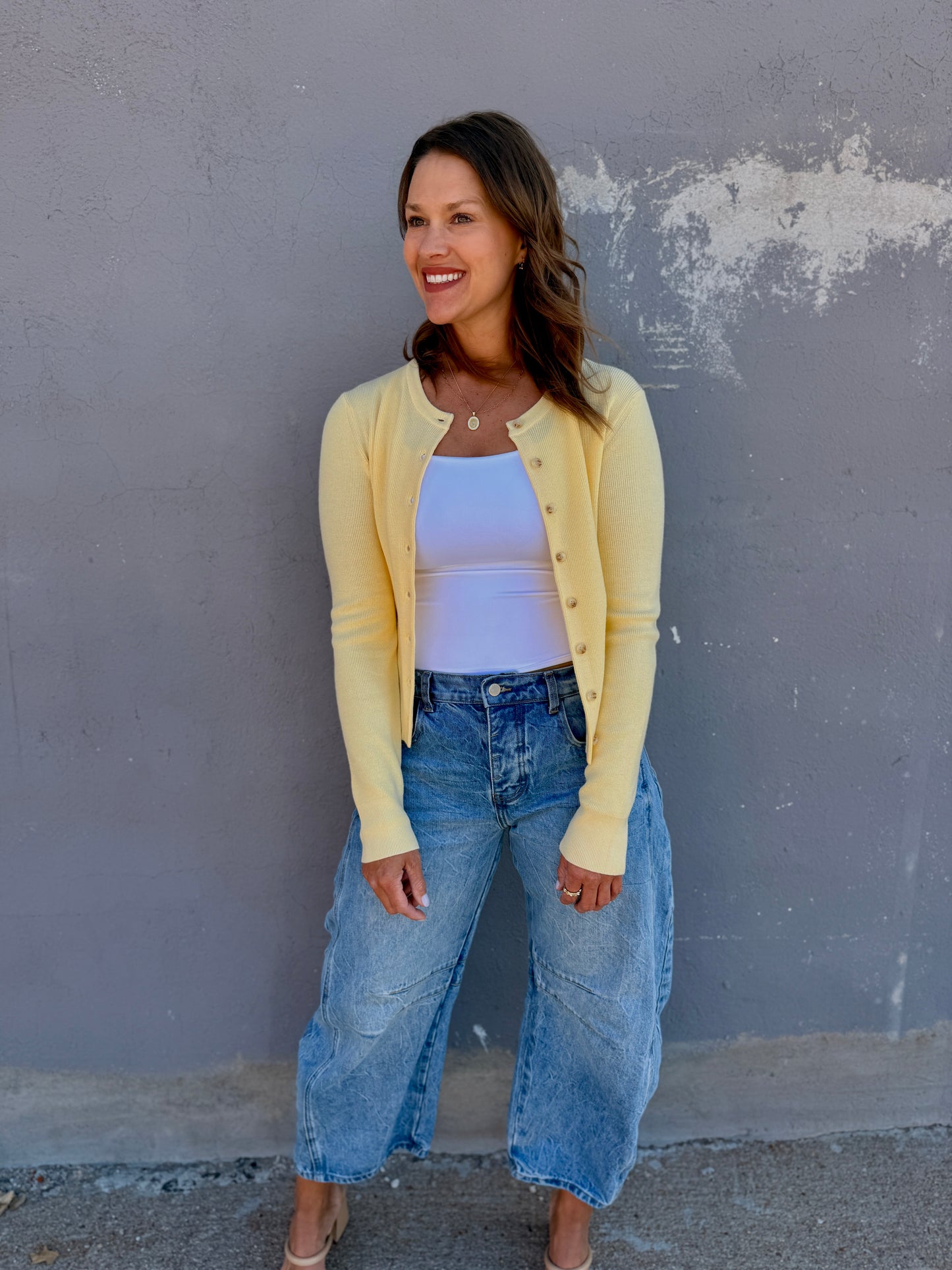 Essential Ribbed Crewneck Cardigan - Lemonade