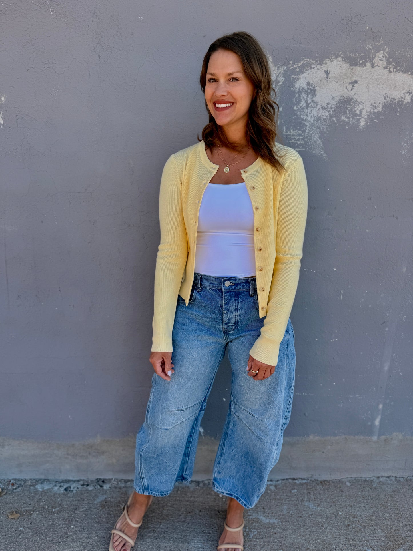 Essential Ribbed Crewneck Cardigan - Lemonade
