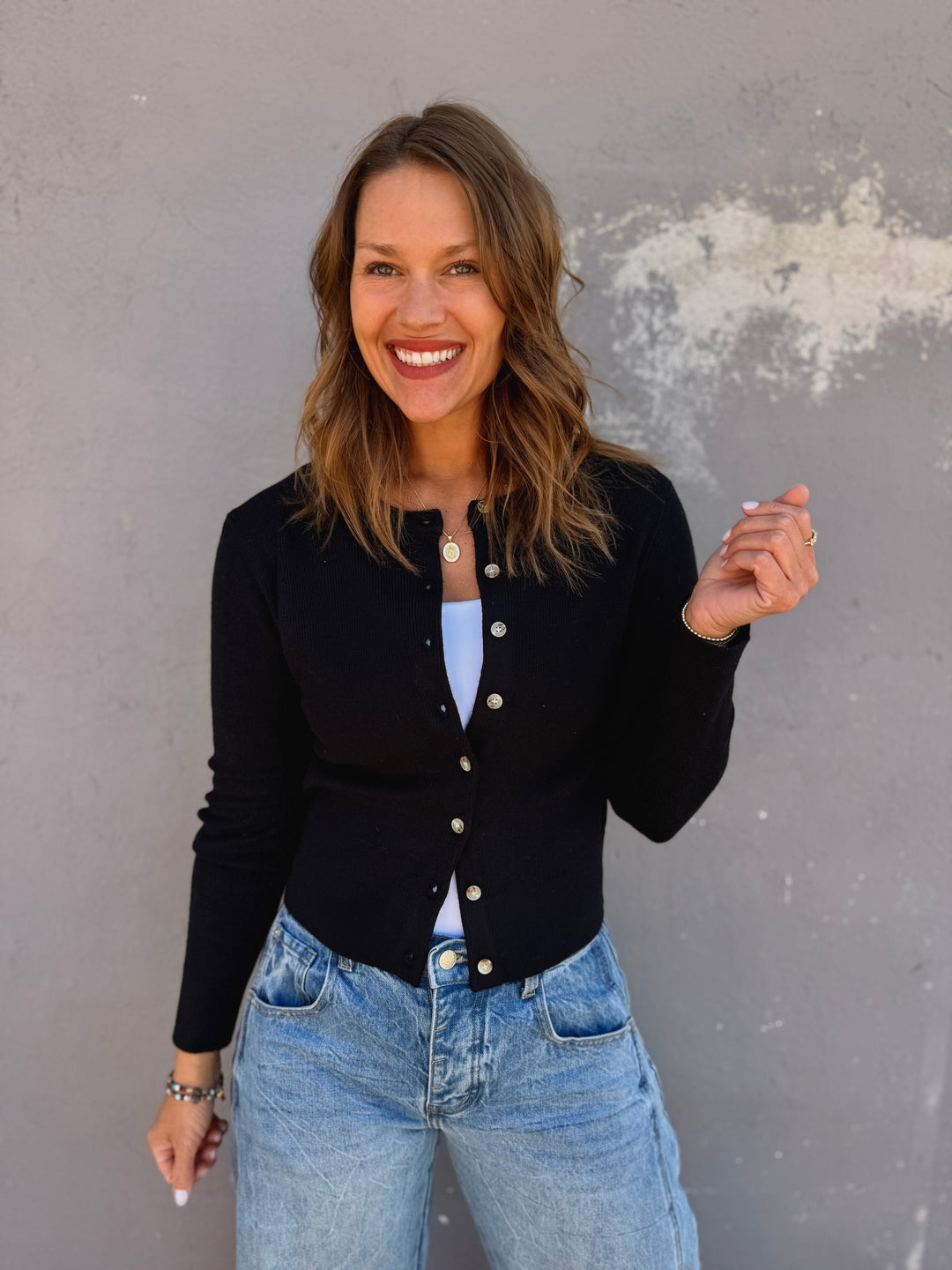 Essential Ribbed Crewneck Cardigan - Black