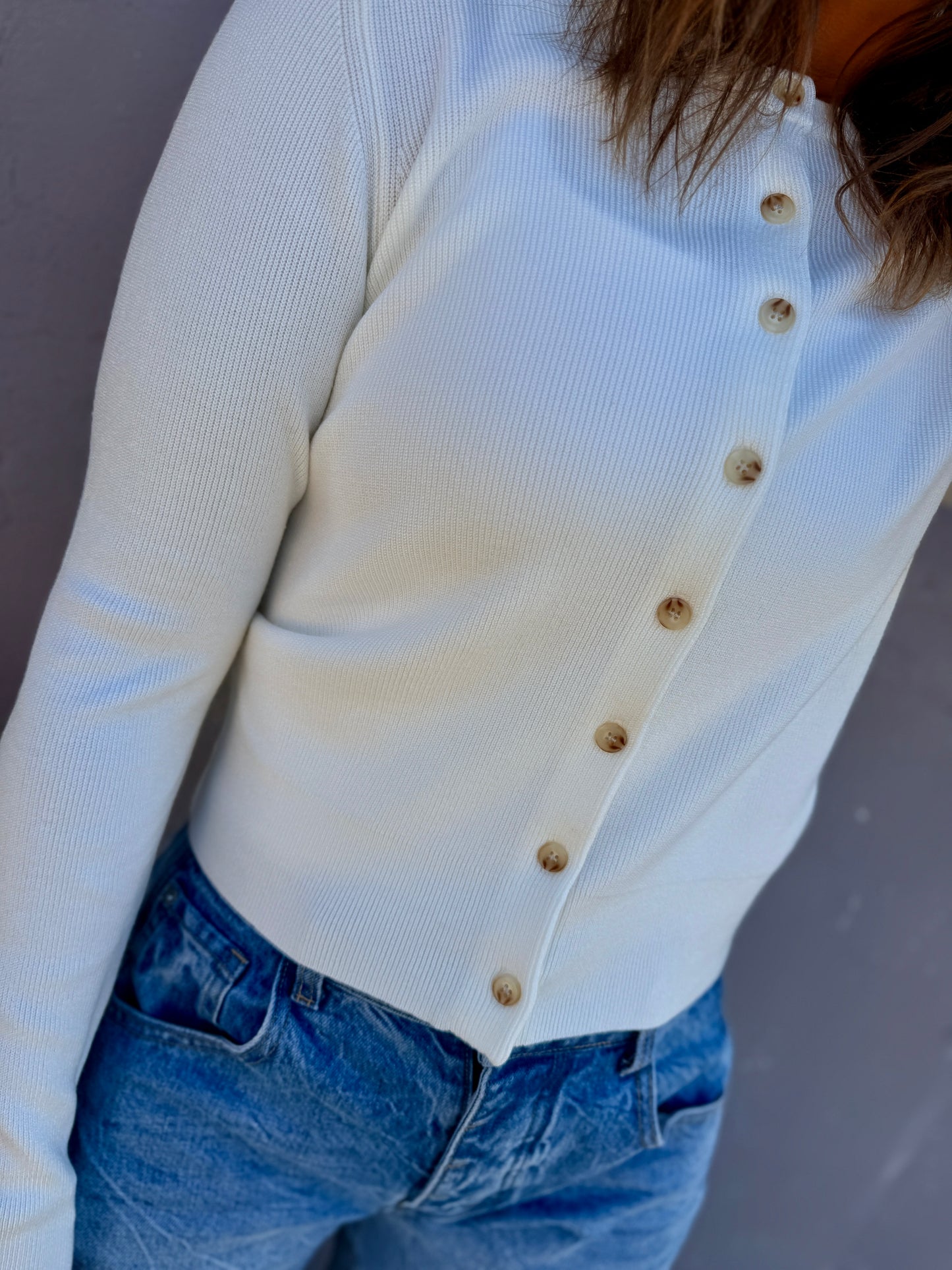 Essential Ribbed Crewneck Cardigan - Off White