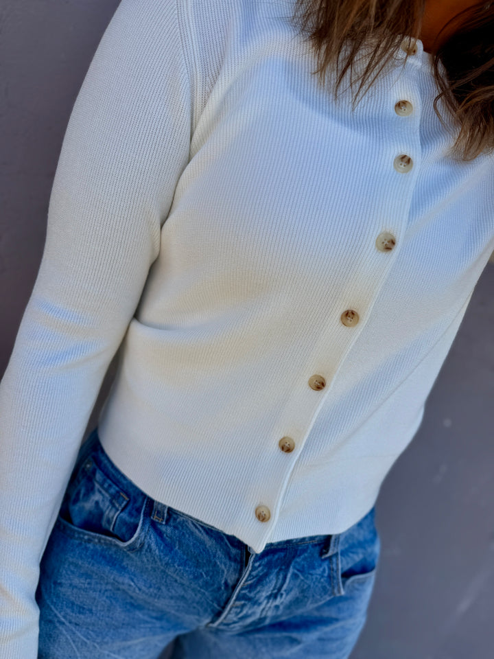 Essential Ribbed Crewneck Cardigan - Off White