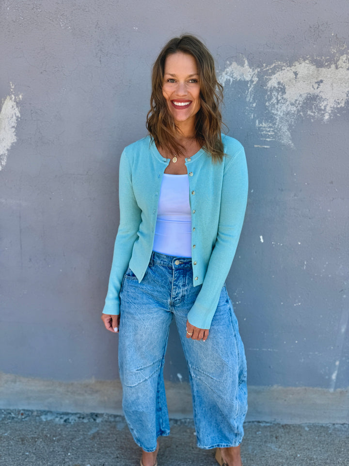 Essential Ribbed Crewneck Cardigan - Seafoam