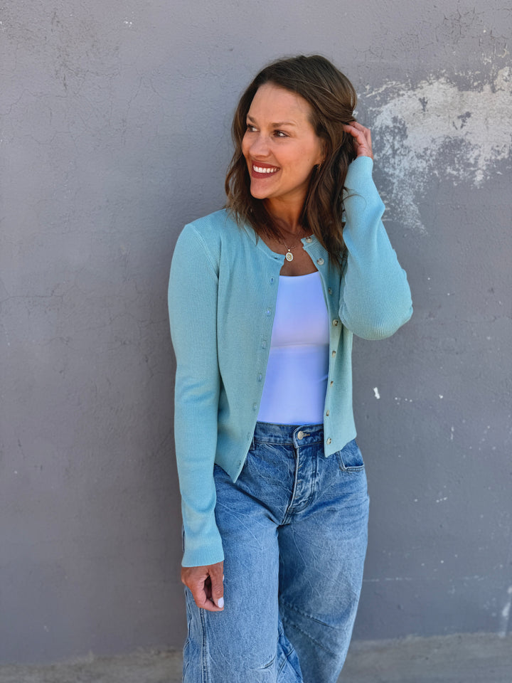 Essential Ribbed Crewneck Cardigan - Seafoam