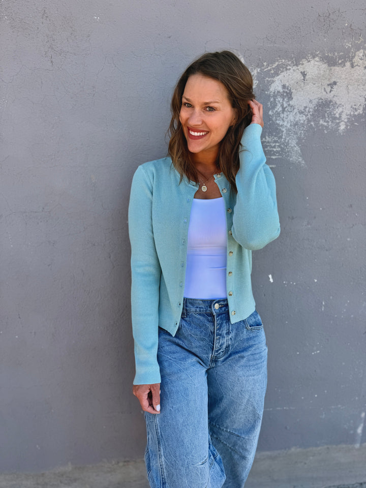Essential Ribbed Crewneck Cardigan - Seafoam