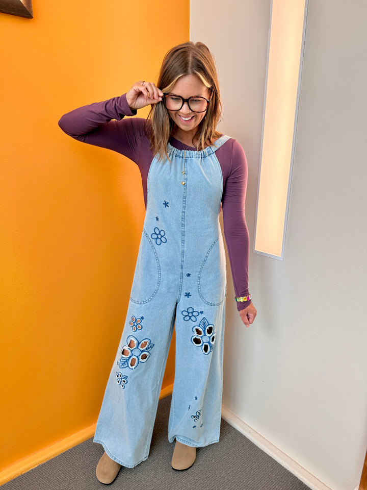 Vintage Meadow Embroidered Denim Jumpsuit