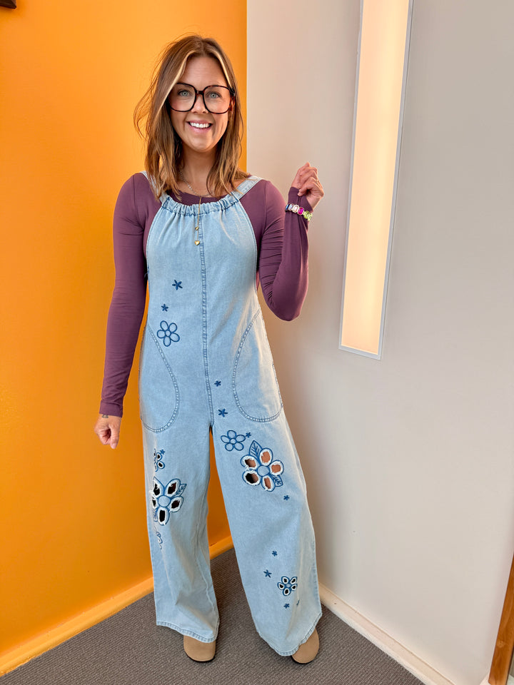 Vintage Meadow Embroidered Denim Jumpsuit