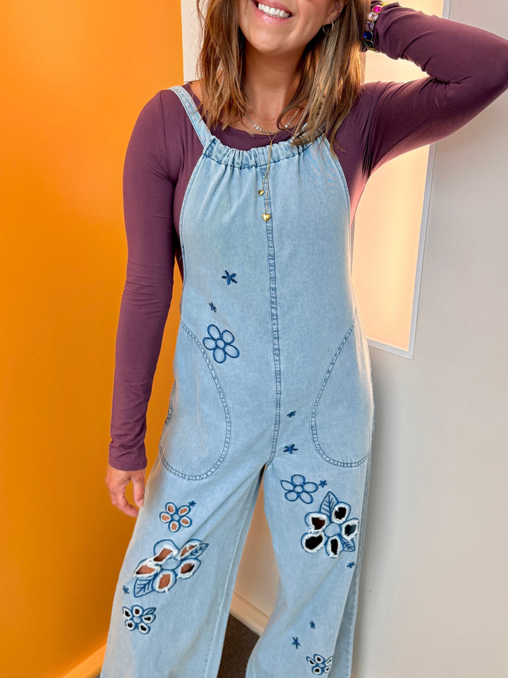 Vintage Meadow Embroidered Denim Jumpsuit