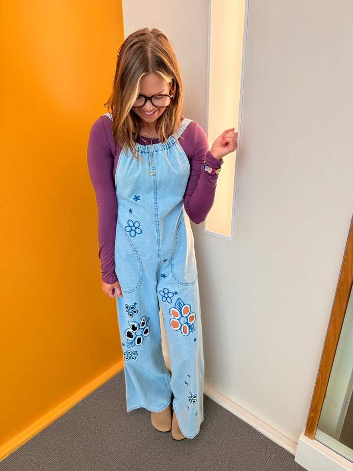 Vintage Meadow Embroidered Denim Jumpsuit