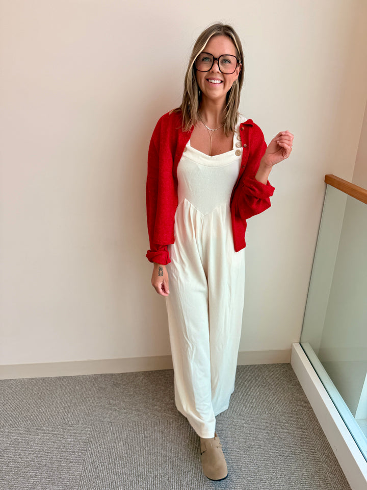 The Cozy Collared Cardigan - Ruby Red