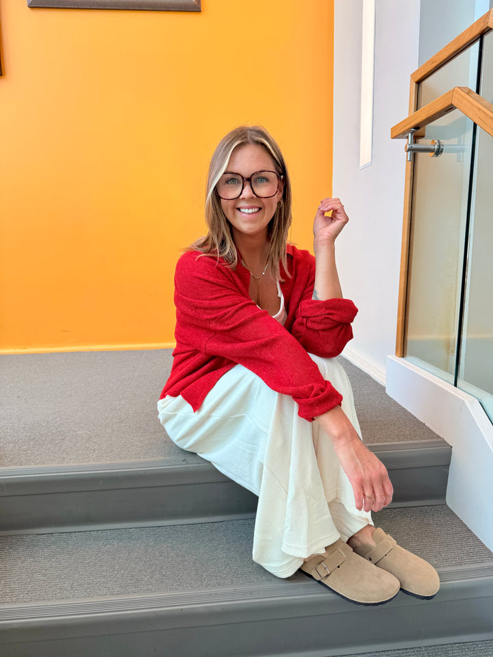 The Cozy Collared Cardigan - Ruby Red