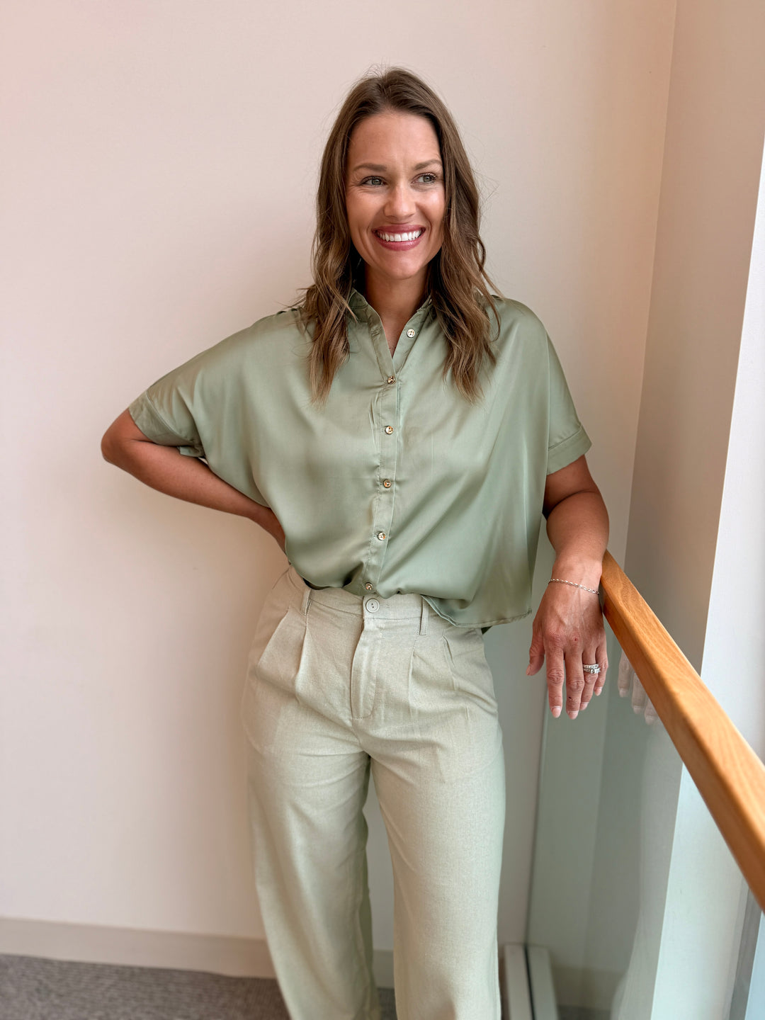 Sage Satin Short Sleeve Button Down