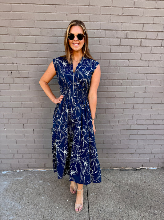 Midnight Bloom Zip Midi Dress