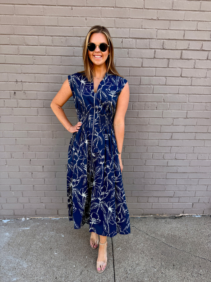 Midnight Bloom Zip Midi Dress