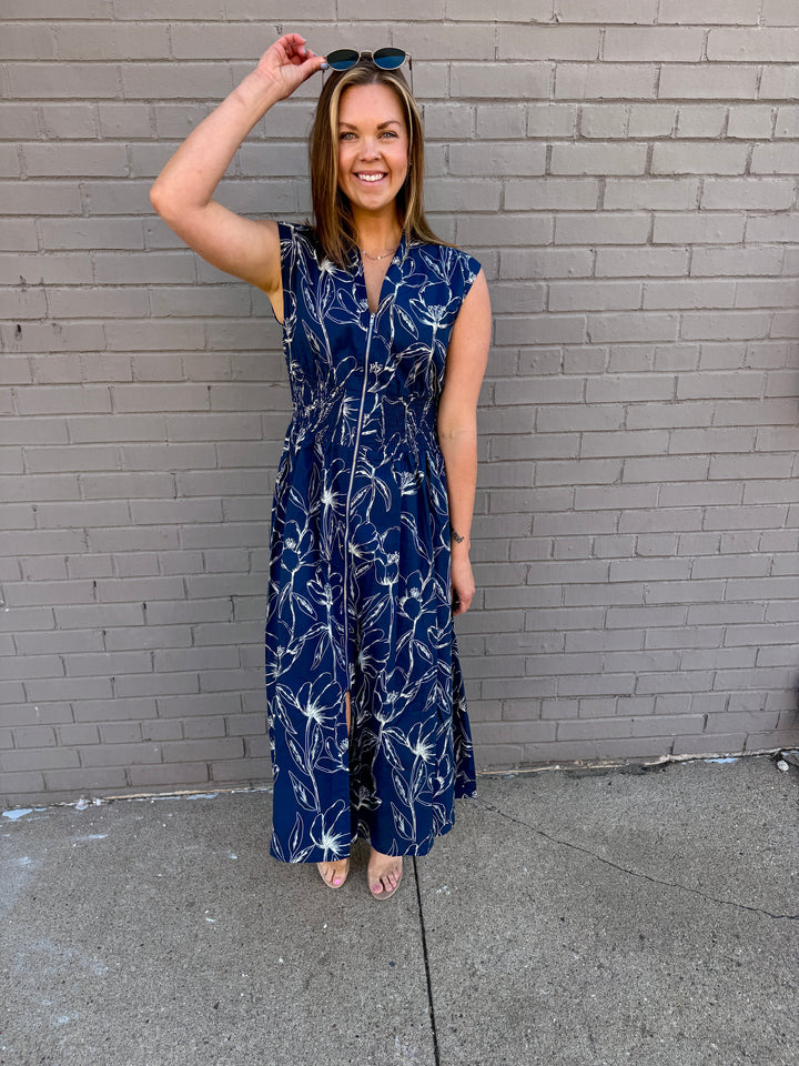 Midnight Bloom Zip Midi Dress